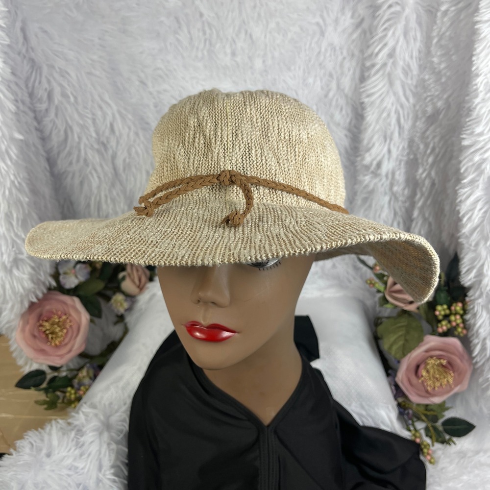 Marcus Adler Sun Hat Women OS Beige Polyester Braided Trim Wide Brim Floppy
